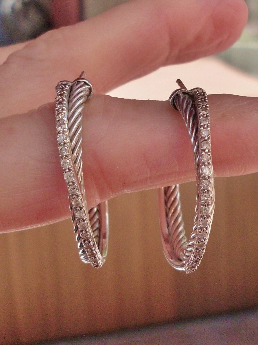 Retired - David Yurman Diamond Crossover Hoop Earrings - 1.25 Inches - 14K/925